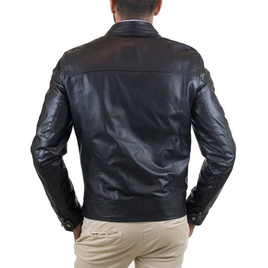 Giacca Biker In Vera Pelle Uomo Marrone Slim Collo Con Bottoni Rindway