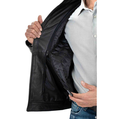 Giacca Biker In Vera Pelle Nera Uomo Slim Collo Coreana Quattro Tasche Rindway