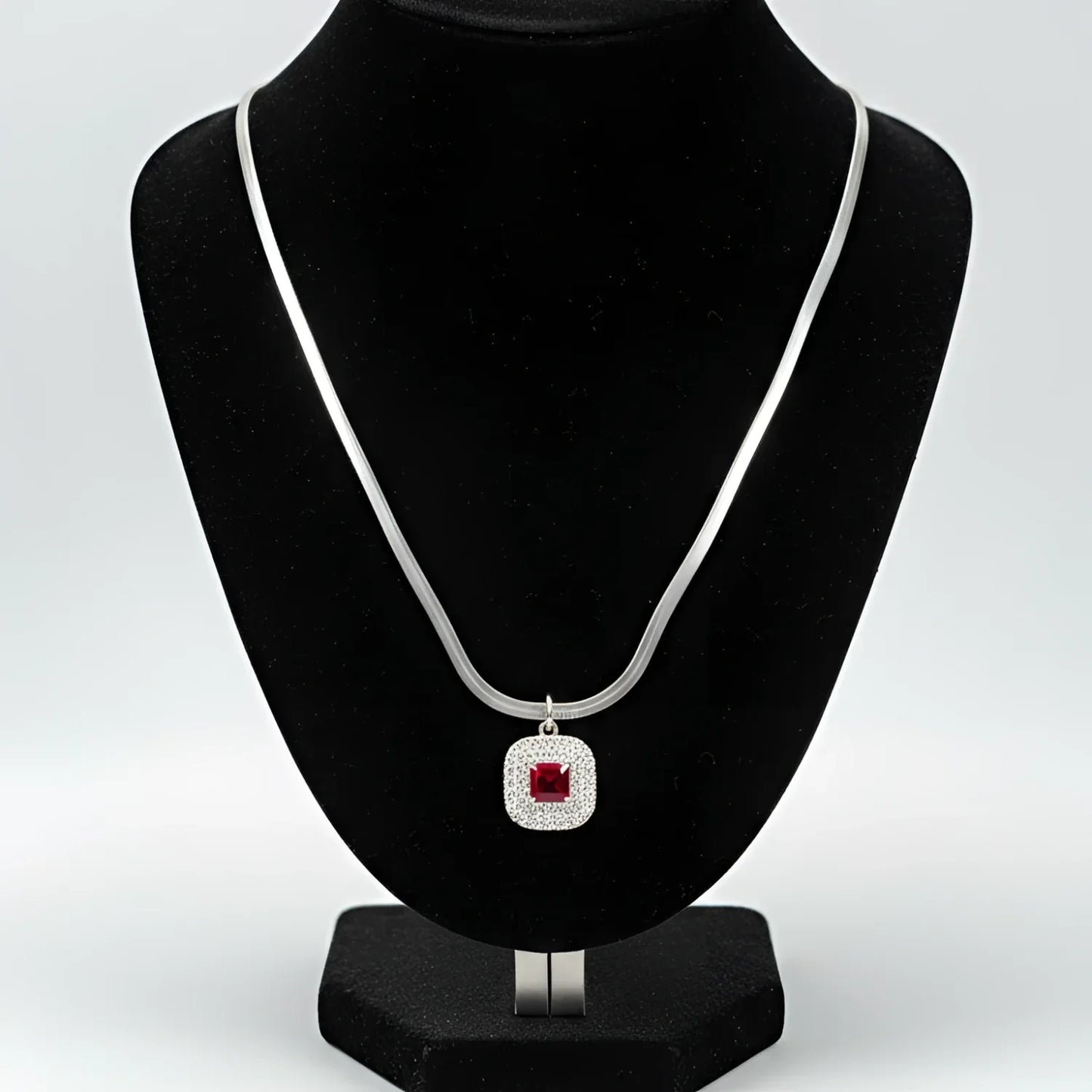 Silver Snake Chain Necklace with Ruby Red Square Pendant