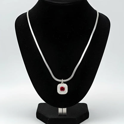 Silver Snake Chain Necklace with Ruby Red Square Pendant