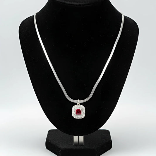 Silver Snake Chain Necklace with Ruby Red Square Pendant