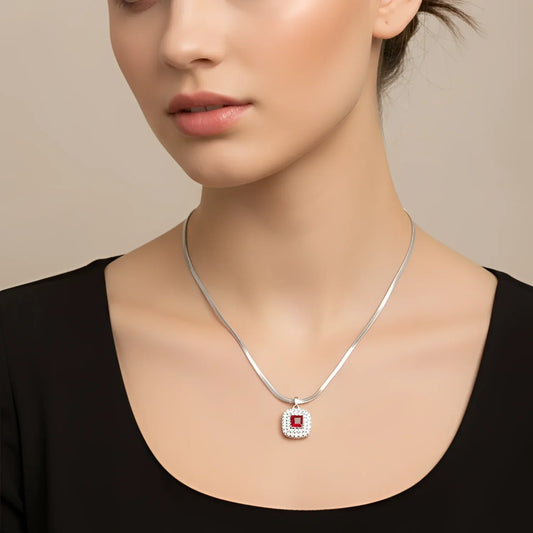 Silver Snake Chain Necklace with Ruby Red Square Pendant